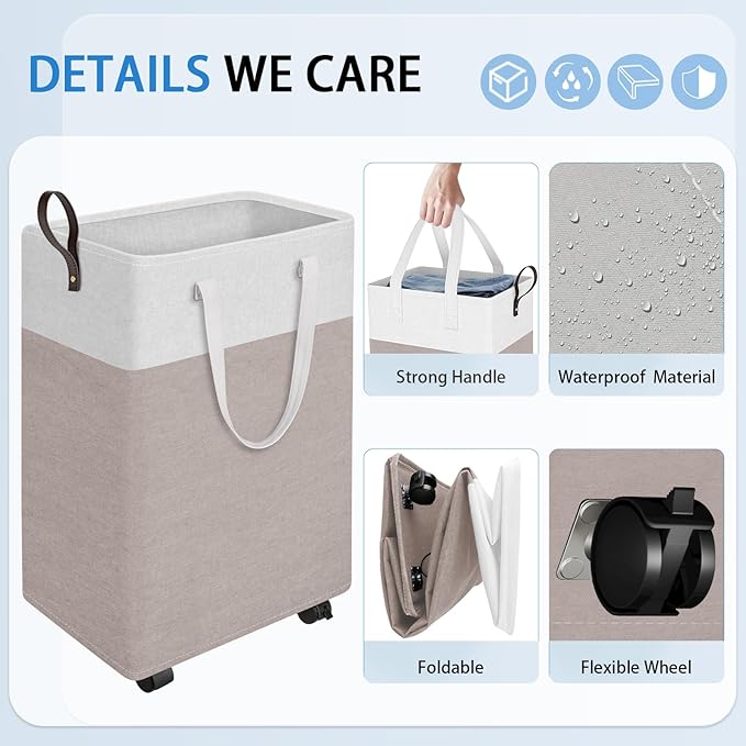 HomeHacks Laundry Basket with Wheels, Rolling Laundry Hamper, Collapsible & Waterproof Clothes Hamper, Narrow Corner Bins wit