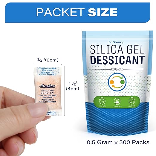 LotFancy Silica Gel Packets 0.5g 300 Pack, Color Indicating Desiccant Packs, Moisture Absorber for Spice Jars, Seed Storage, 