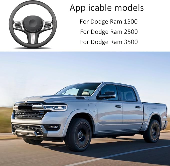 Leather Steering Wheel Cover for Dodge Ram 1500 2500 3500, 15.5-16 Inches Car Steering Wheel Cover, Black