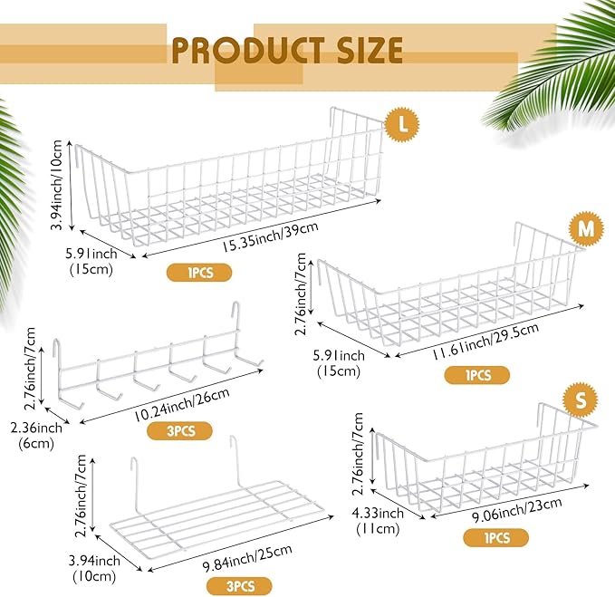 Yaocom 9 Pcs Grid Wall Shelves Gridwall Accessories Wall Grid Panel Hanging Basket with Hooks Set Includes 3 Basket 3 Wire St