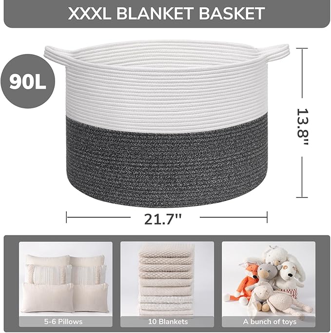 INDRESSME XXXLarge Cotton Rope Basket 21.7" x 21.7" x 13.8" Woven Baby Laundry Baskets Blanket Basket Toy Baskets with Handle