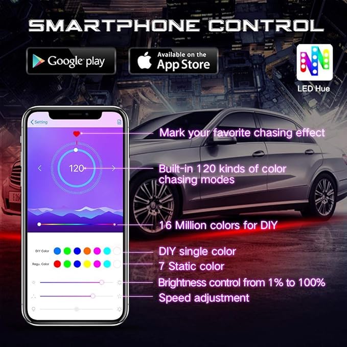 Car Underglow Lights, Bluetooth Dream Color Chasing StripLights Kit, 6 PCS Waterproof Exterior Car Lights with APP Control, 12V 300 LEDs Underbody Lights for All Cars
