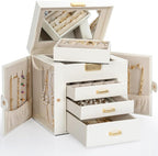 AKOZLIN 4-Tier Jewelry Box Leather Jewelry Storage Organizer with 3 Drawers Lockable for Women Girls Ring Necklace Earring Br