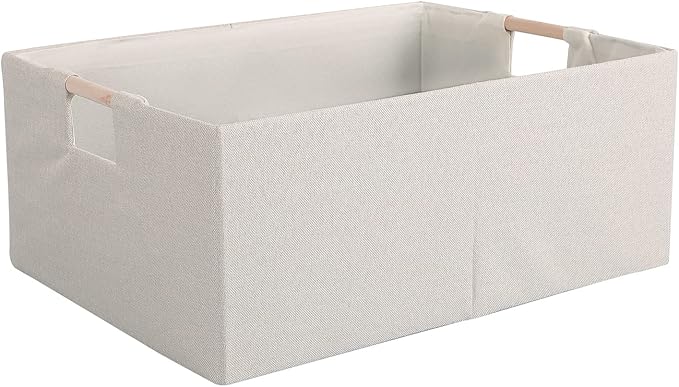 Fabric Storage Bin Box Foldable Cotton Linen Storage Basket with Wooden Handles Rectangular Cube Decorative Home Laundry Orga