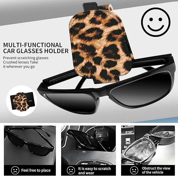 Leather Magnetic Sunglass Holder for Car Sun Visor, Cute Eyeglass Ticket Card Hanger Clip, Universal Auto Interior Accessories for SUV Pickup Truck Classic Leopard