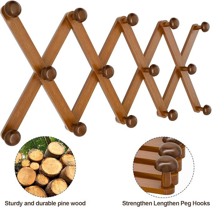 WGFKVAS Hat Rack for Wall with 14 Hooks, Solid Wooden, Expandable Coat Rack Wall Mount for Coats, Hats, Bags, Baseball Caps, 
