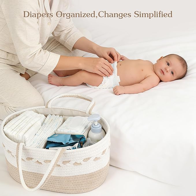 Diaper caddy Organizer, Cotton Rope Gift Basket with Removable Divider, Nursery Storage Organizer for Baby Essentials, Changi