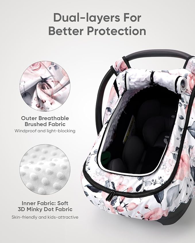 Car Seat Cover Baby Girls, Infant Car Seat Canopy Outdoor, 2 Layers with Mesh and Sun Shade Window for Summer Winter, Easy Ac