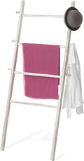 MyGift 63 Inch Wooden Blanket Ladder, White Quilt Towel Holder Rack, Wall Leaning 4 Rungs and 6 Pegged Hooks Farmhouse Decora