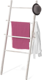 MyGift 63 Inch Wooden Blanket Ladder, White Quilt Towel Holder Rack, Wall Leaning 4 Rungs and 6 Pegged Hooks Farmhouse Decora