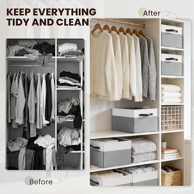 Criusia Closet Organizers and Storage Baskets - 6 Pack Shelf Organizer Bins with Handles - Clothes Storage Bins for Bedroom N