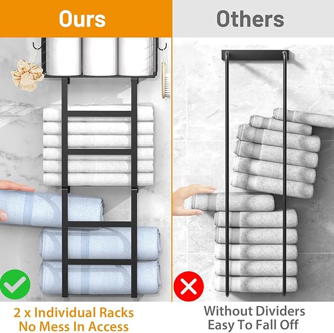 Towel Racks for Bathroom Black, 34IN Rolled Towel Holder, Towel Rack Wall Mounted with 2 Pack Shelf and a Wire Basket, Bathro