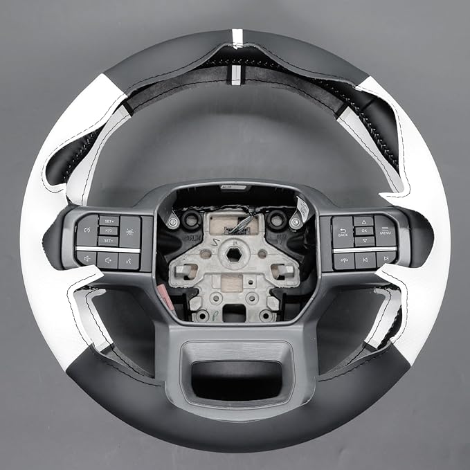 MEWANT Hand Stitch Black White Artificial Leather Steering Wheel Cover for Ford F150 Lightning F350 2024 Expedition