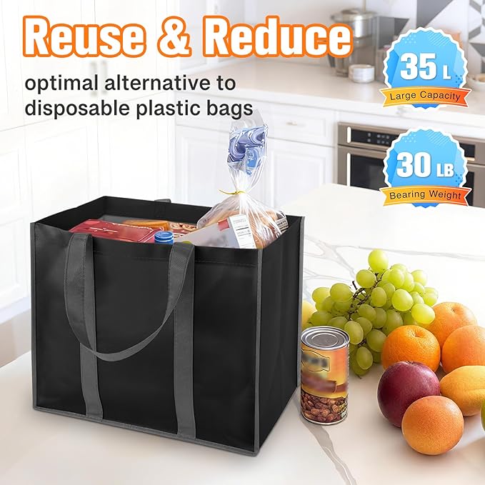 WISELIFE Reusable Grocery Bags with Handles - 3 Pack, 35L Large Shopping Bags for Groceries, Water-Resistant & Foldable Grocery Totes for Lasting Use for Kitchen, Market, Car Trunk, Picnic (Black)