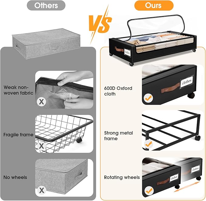 Under Bed Storage with Wheels 3Pack Storage Containers with Clear Window&Label Under Bed Drawers Rolling Under Bed Storage fo