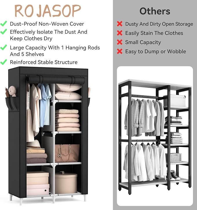 ROJASOP Portable Closet Wardrobe Closet for Hanging Clothes with 6 Storage Shelves, 1 Hanging Rod and 4 Pockets, Free Standin