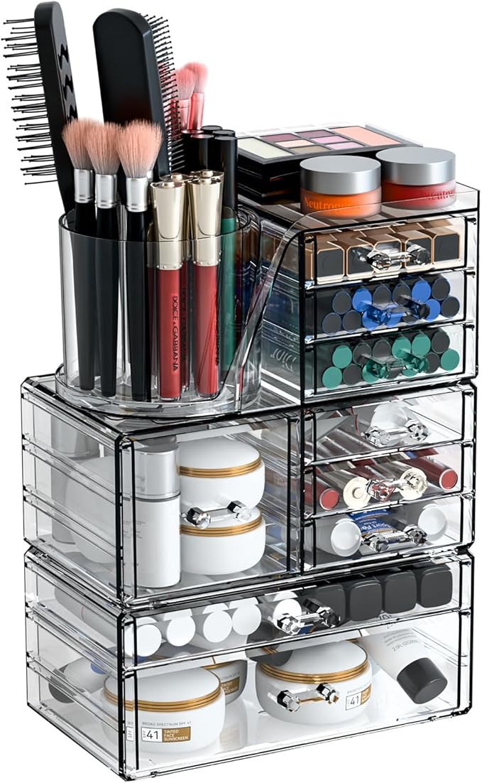 SuoXing 3 Pack Clear Acrylic Makeup Organizer for Vanity With 9 Drawer, Skincare Organizers Countertop With Make up Brush Hol
