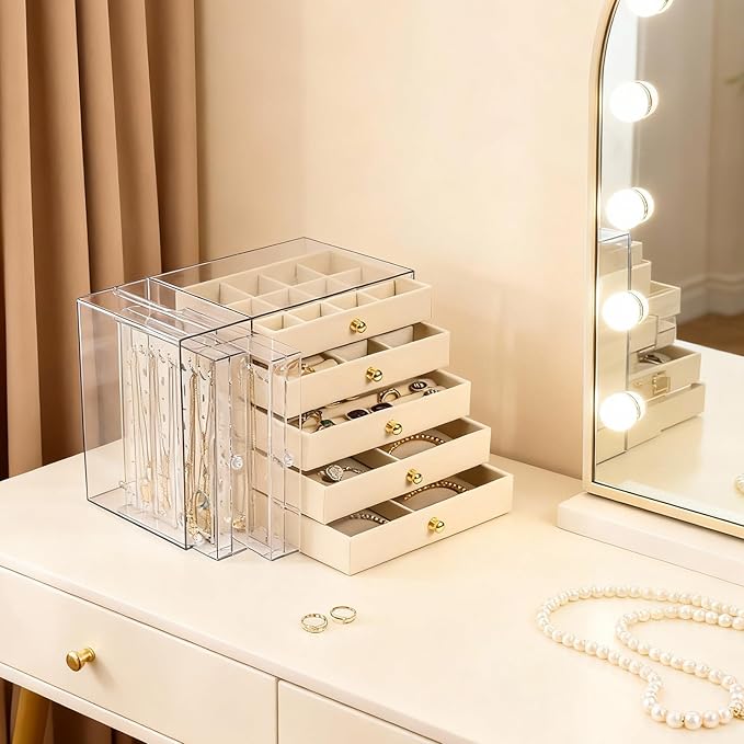 Greenfeather Jewelry Organizer with 7 Removable Drawers, Clear Acrylic Jewelry Box with 16 Necklace Hooks, 48 Pairs of Earrin