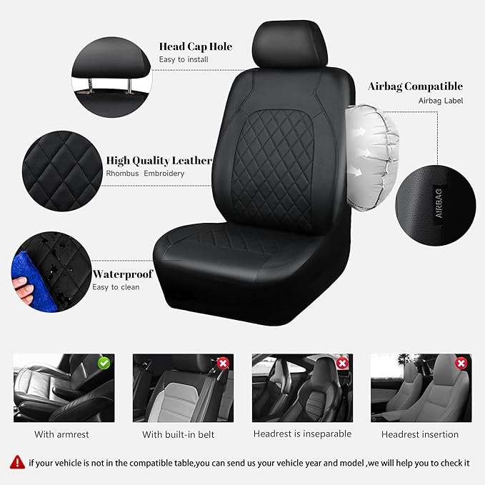 Universal Pu Leather Car Seat Covers Front Seats only, Airbag Compatible, Water-Resistant Durable Premium Vinyl, Fit for 95% 