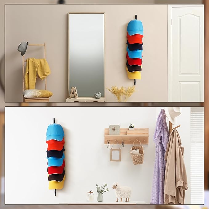 BBTO 3 Pack Wooden Hat Rack for Baseball Cap Wall Mount Hat Racks 30 Slot Vertical Baseball Cap Display Holder with 10 Hooks 
