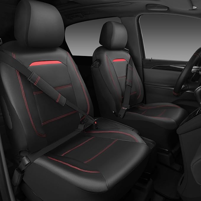CAR PASS Leather Car Seat Cover Full Set with Steering Wheel Cover and 2PCS Seat Belt Shoulder Pads,for Trucks and SUV with Built-in Seatbelts and Front Seat Side Armrests(Combo Set, Black and Red)