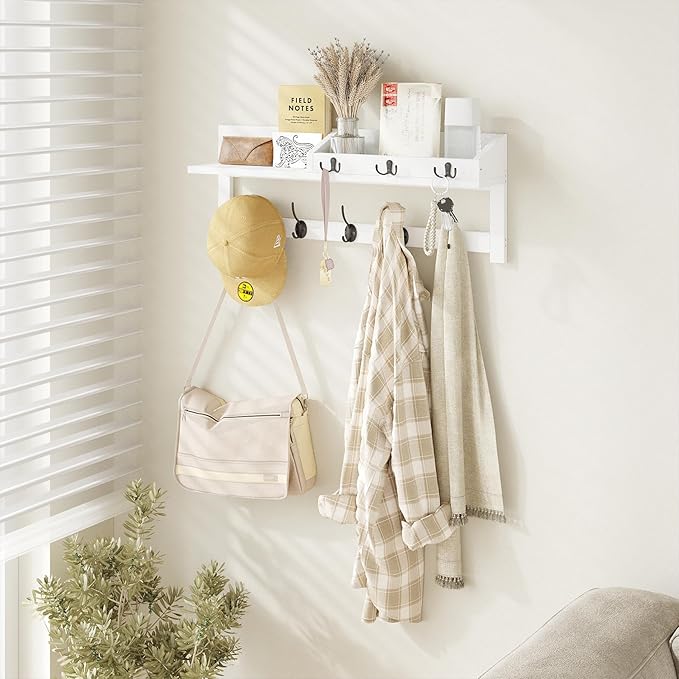AMBIRD Wall Hooks with Shelf, 26.57 Inch Entryway Wood Coat Hooks for Wall, Coat Rack Wall Mount with 5 Dual Hooks 3 Key Hook