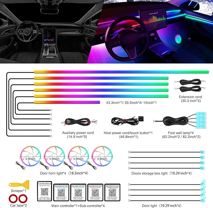 Dreamcolor Acrylic Interior Car LED Strip Light with Wireless APP, RGB 22 in 1 with 175 inches 612 LEDs Fiber Optic Strip Lights for Car, Dual Zone Symphony Neon Car Ambient Lighting