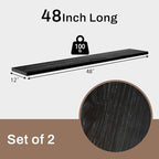 12 Inch Deep Floating Shelves Set of 2, 48 Inch Wide Black Solid Wood Wall Shelves, 100 lbs Heavy Duty Farmhouse Wall Mounted