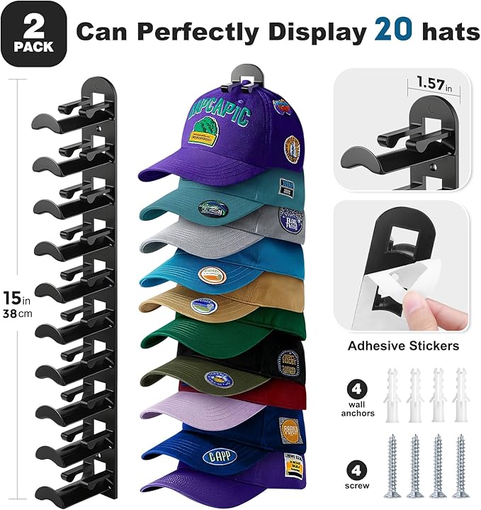 2 Pack Hat Organizer for Baseball Caps, Hat Rack for Wall Hold Up to 20 Hats, Hat Holder with Strong Adhesive and Screws, Hat