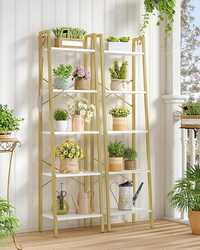 Hzuaneri Ladder Shelf, Bookshelf Bookcase, Freestanding Corner Storage Shelve with 2 Hooks for Home Office, Living Room, Kitc