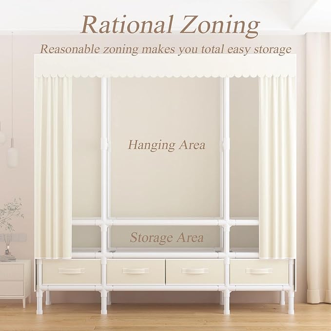 Portable Closet,Garment Rack,Heavy Duty Clothes Rack with Cover,Wardrobe Closet with 1 Hanging Rods, 2 Storage Shelves and 3 