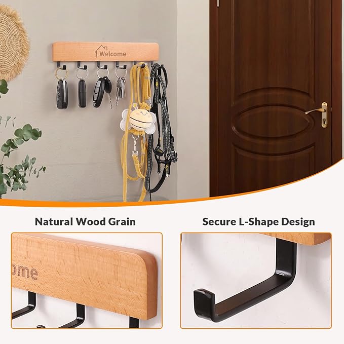 SCUNDA Wooden Key Holder with Metal Hooks,No Drill Adhesive & Screws, Wall Mount Entryway Organizer for Keys, Coats, Hats, Ru