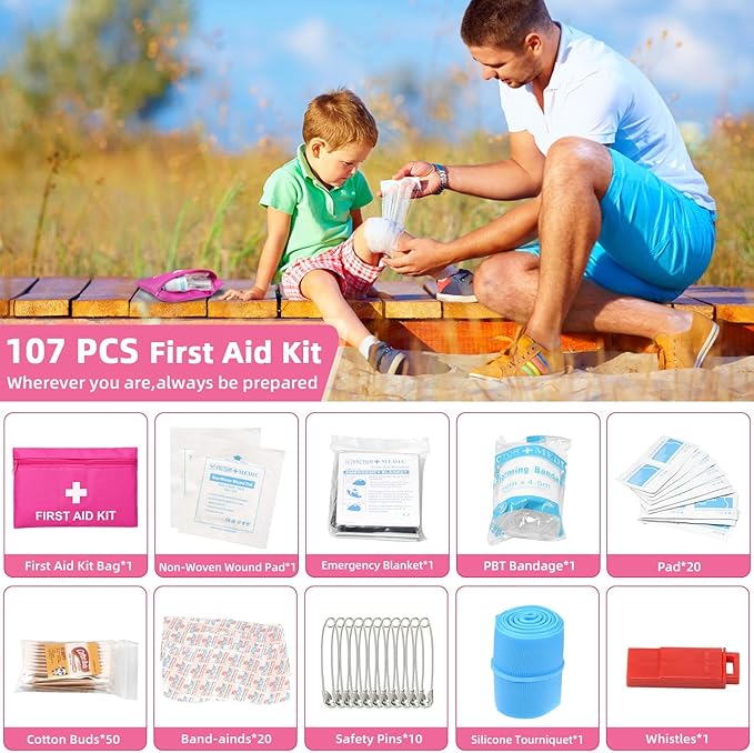 Roadside Emergency Car Kit for Vehicles, Pink Car First Aid Kit Emergency Kit with Jumper Cables, Car Safety Kits, Tow Strap,