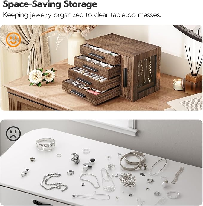 HOOBRO Jewelry Box for Women, Wooden Jewelry Organizer with Transparent Window, 4-Layer Jewelry Organizer Box, Jewelry Holder