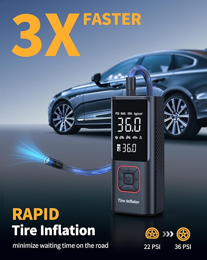 Cordless Tire Inflator 150PSI Portable Air Compressor with Auto Shutoff, Air Pump for Car Tires, Motorcycle, Bike, Balls, Inflatables, LED Light, Red, Large Capacity