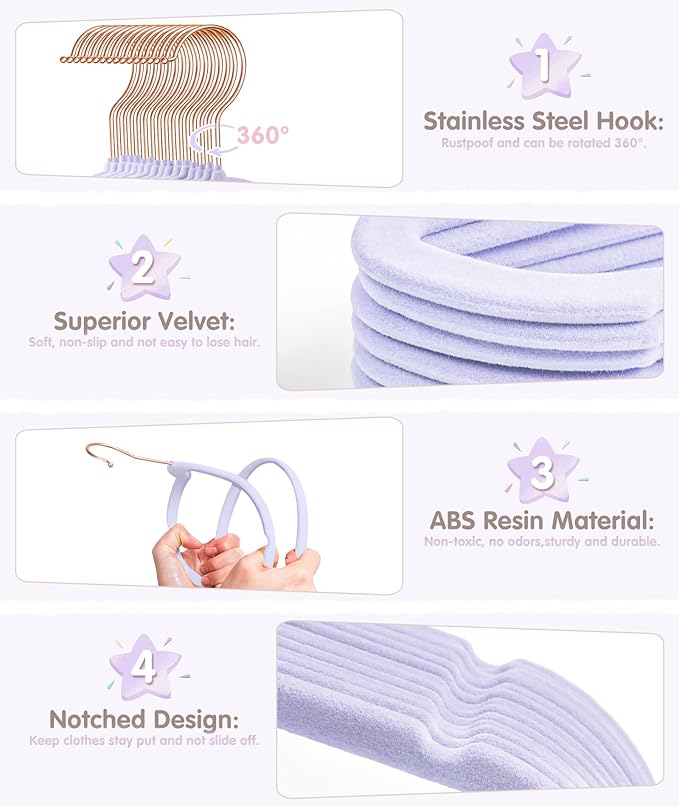 VIS'V Baby Hangers, 11 Inch Velvet Kids Hangers with 6 Pcs Clothes Size Dividers, Infant Toddler Nursery Closet Organization,