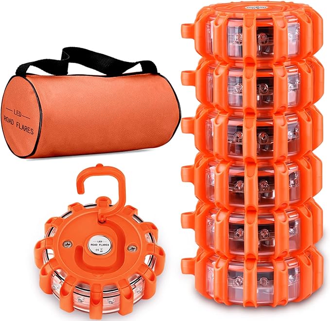 Tobfit 6 Pack LED Road Flares Emergency Lights Roadside Safety Beacon Disc Flashing Warning Flare Kit with Magnetic Base & Ho