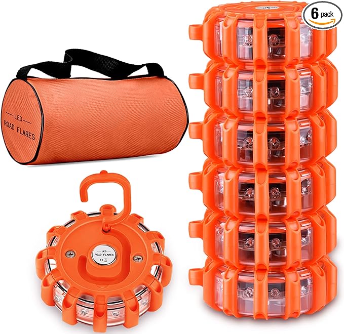 Tobfit 6 Pack LED Road Flares Emergency Lights Roadside Safety Beacon Disc Flashing Warning Flare Kit with Magnetic Base & Ho