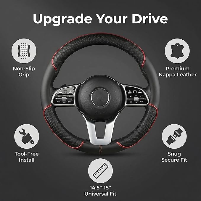 Car Steering Wheel Cover, Premium Nappa Leather Steering Wheel Cover, Non-Slip & Breathable, Universal Fit for 14.5-15 Inch W