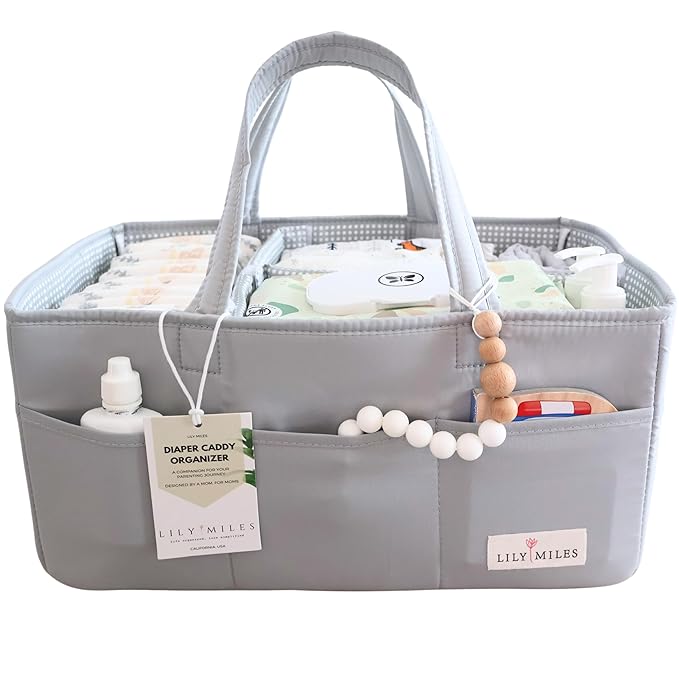 Lily Miles Diaper Caddy Organizer with 8 Pockets, Wipeable Baby Caddy Basket for Diapers and Wipes, Baby Registry Favorites, 