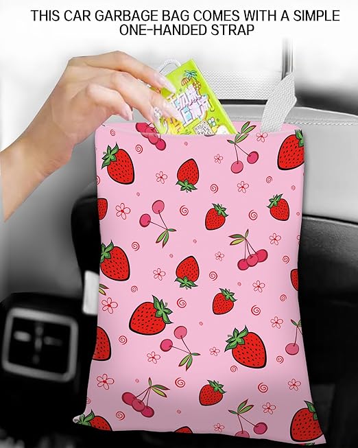 Car Trash Can, Durable Hanging Car Trash Garbage Bag, Cute Automotive Garbage Cans Organizer, Cute Pink Cherry Strawberry