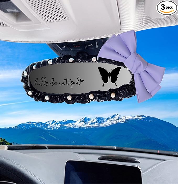 Dotesy 3 PCS Bling Rearview Mirror Cover, Elastic PU Leather Auto Rear View Mirror Protector with Butterfly Car Interior Accessories Universal for Car, SUV, VAN (Black Purple)