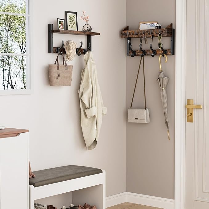 Evermagin 35" Coat Rack Wall Mount with Shelf, 4 in 1 Coat and Key Hanger with 13 Metal Hooks, Entryway Wall Mounted Shelf wi