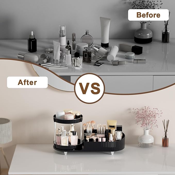 Makeup Organizer Countertop for Vanity with 360 Rotating Perfume Trays, 7-Compartment Skincare Organizers and Make Up Desk St
