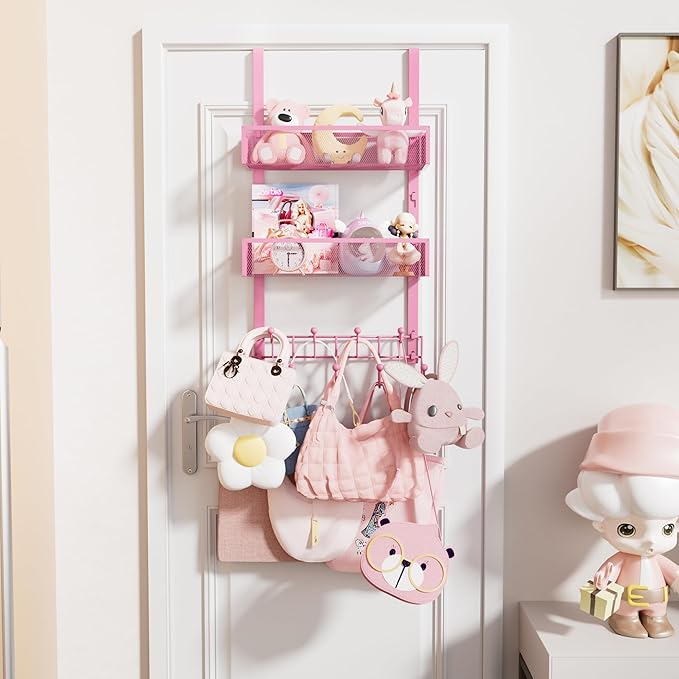 HapiRm Over The Door Hanger with Coat Hooks and 2 Baskets, Rustproof & Waterproof Pink Over The Door Hooks, Storage Organizer