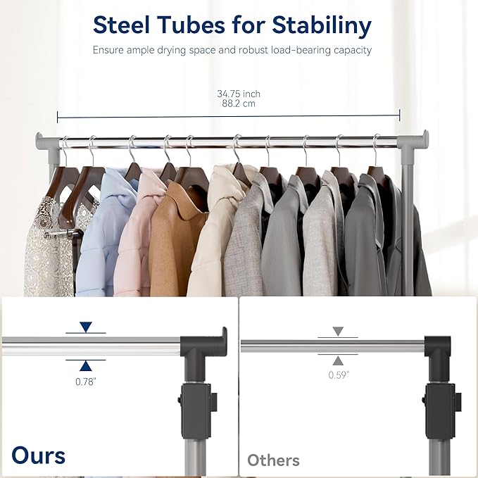 Whitmor Foldable Garment Rack - Rolling Clothes Rack - Adjustable Height Garment Rack, Heavy Duty Foldable Clothes Rack with 
