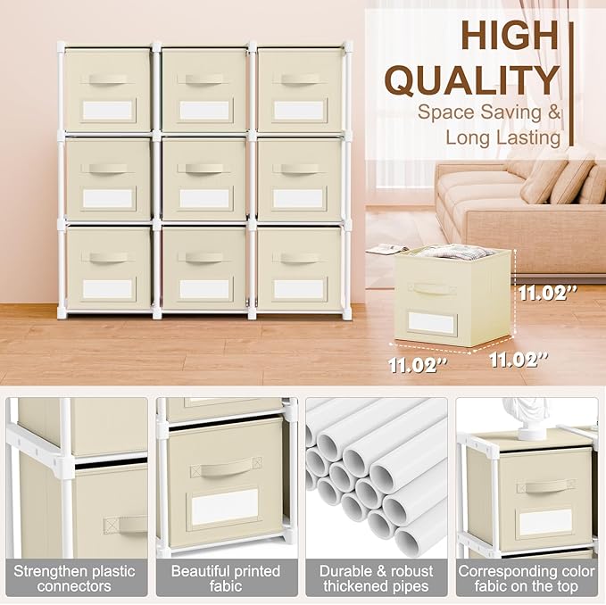Geelin 9 Cube Storage Organizer with Fabric Bins and Labels 11 Inch, Fabric Collapsible Cubby Clothes Storage Drawer Dresser 