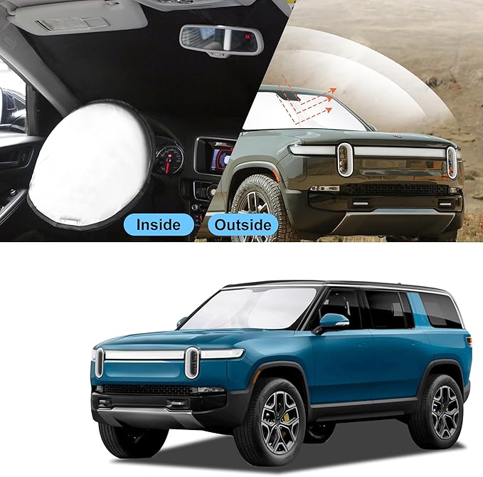 TINGLU Sun Shade for Rivian R1T 2022-2025 2026 Accessories Windshield Sun Shade Window Shade UV Rays Protection Sun Visor Cover with Steering Wheel Sunshade Storage Bag