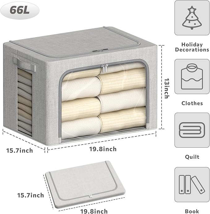 4 Pack Clothes Storage Bins with Metal Frame - 66L Stackable Storage Box with Lid，Foldable Storage Container Organizer for Cl