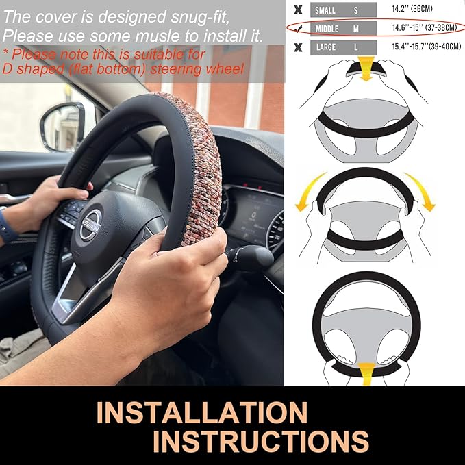 PINCTROT D Shaped Chenille Leather Steering Wheel Cover, Soft Mottled Colors, Sweat-Proof, Non-Slip Grip, All-Season Comfort,
